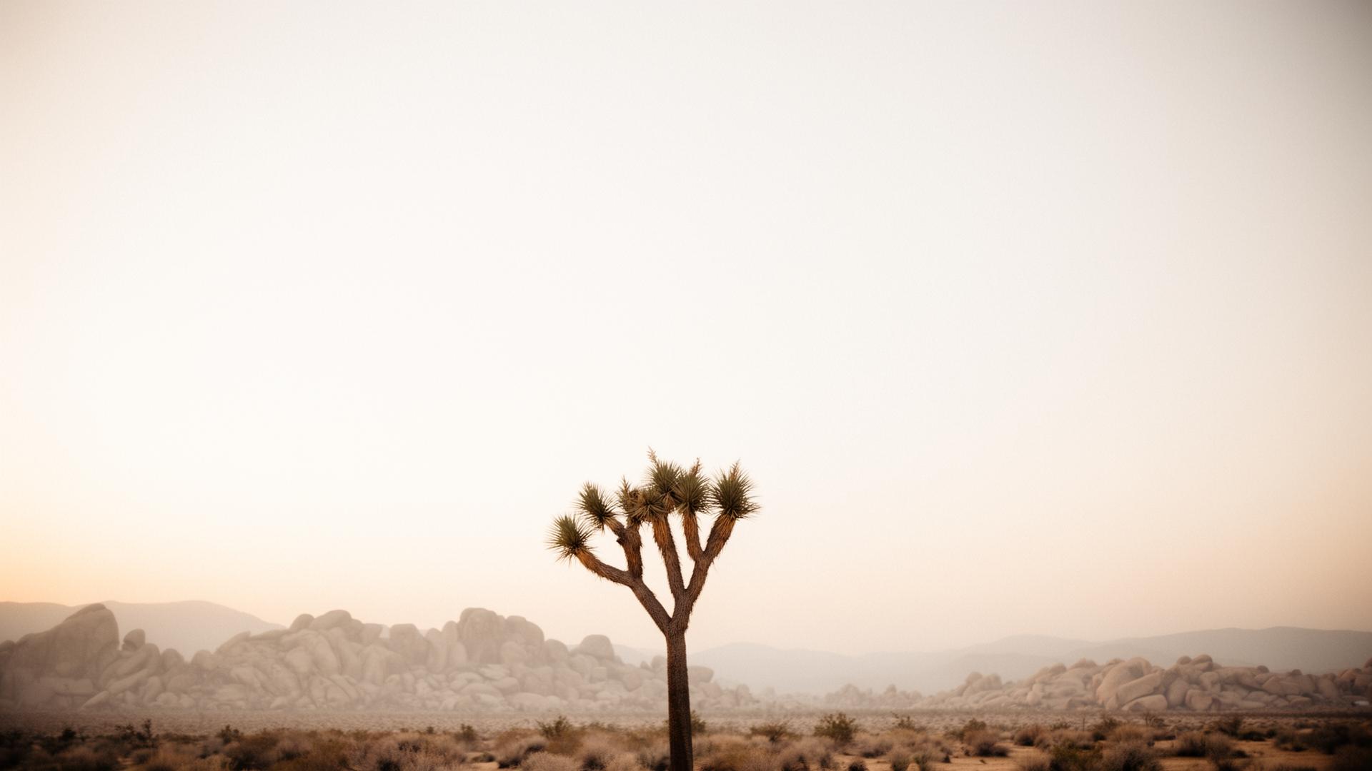 Joshua Tree desert at golden hour with boulder formations and Joshua trees